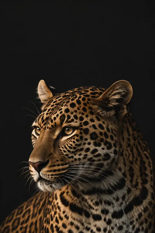 A leopard's head in profile against black, looking left.